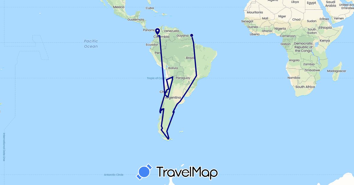 TravelMap itinerary: driving in Argentina, Brazil, Chile, Colombia, France (Europe, South America)
